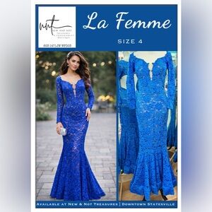 $438 La Femme 25607 Electric Blue Lace Mermaid Gown Long Sleeve Prom Dress Sz 4